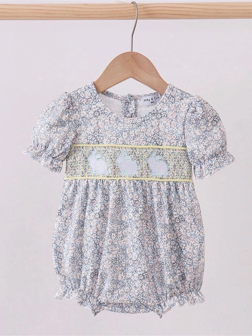Abby & Evie Floral Print Bunny Embroidery Smocked Girl Bubble Romper